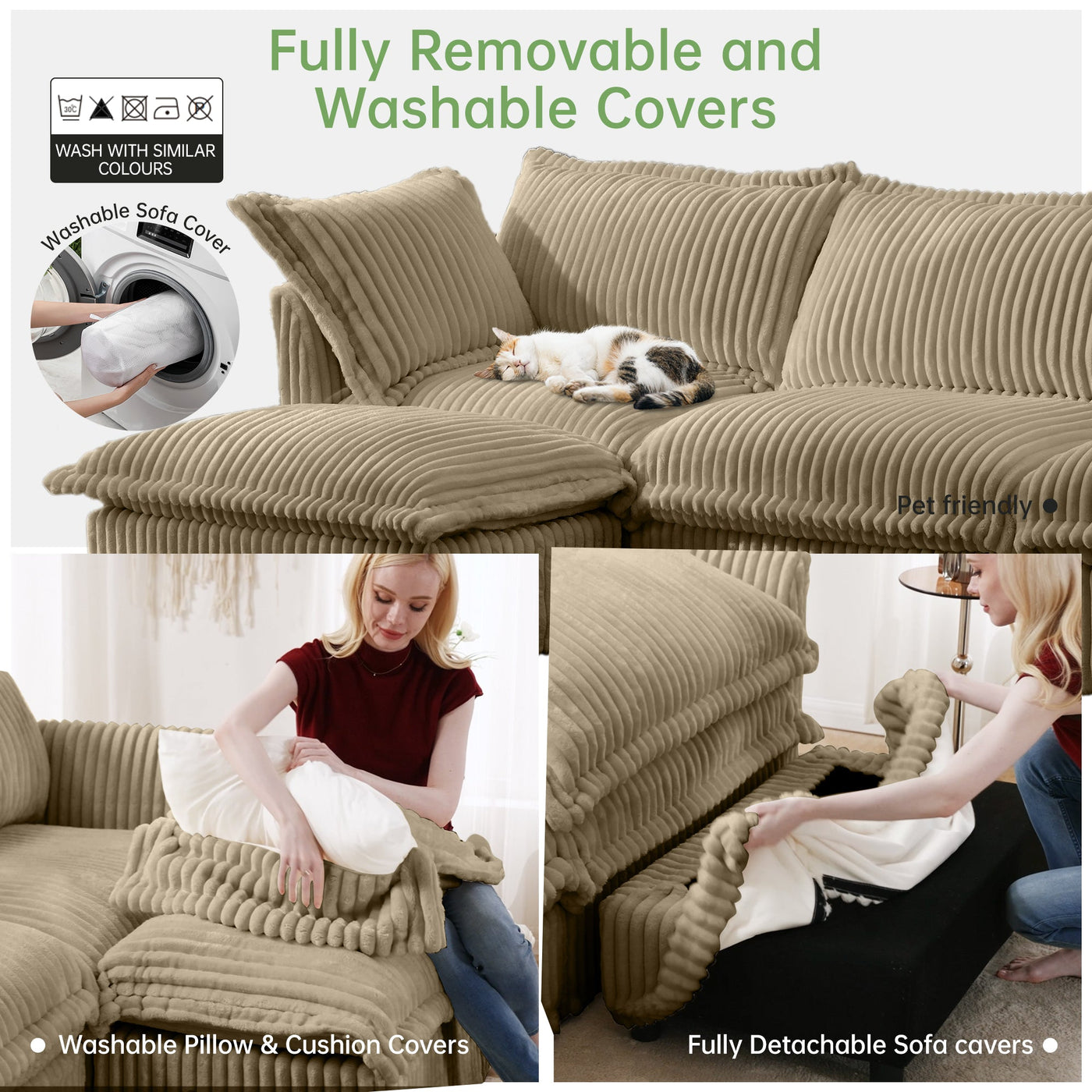 Slipcovered U Shape Sectional Deep Seat Sofa Couch, 3 Seater Sofa with French Edges Design Multiple Big Pillows, Modular Deep Seat Sectional Sofa Comfy Cloud Couch for Living Room, Apartment, Camel