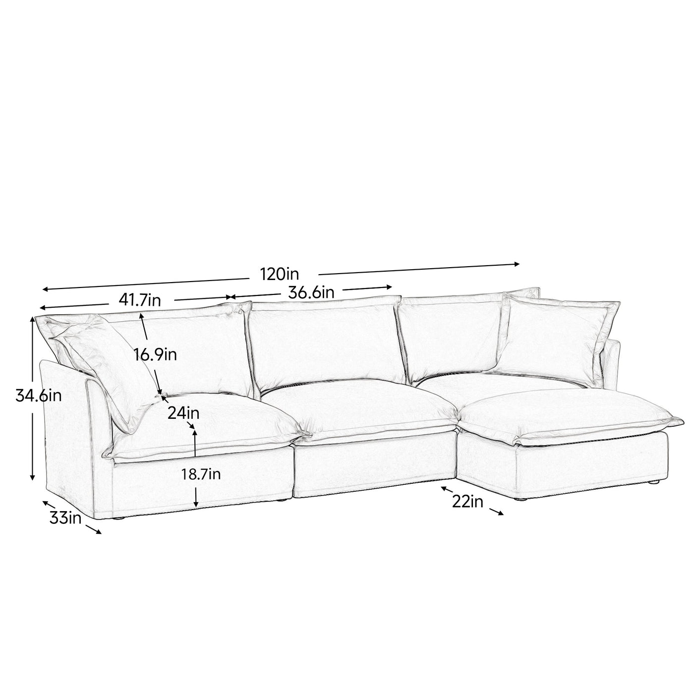 L-Shaped Slipcovered Sectional Sofa Couch, Comfy Chenille Deep Seat Cloud Couch with Convertible Ottoman & 2 Big Pillows, Modern Oversized 3 Seater Slipcovered Sofa Set for Living Room Office, Orange