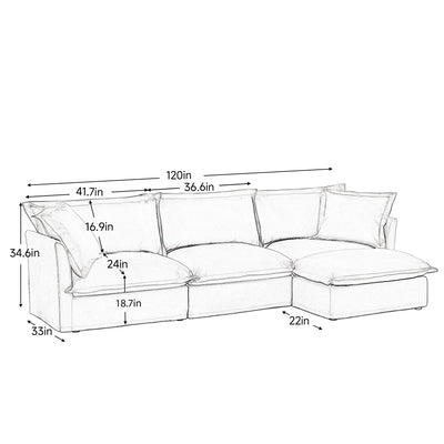 L-Shaped Slipcovered Sectional Sofa Couch, Comfy Chenille Deep Seat Cloud Couch with Convertible Ottoman & 2 Big Pillows, Modern Oversized 3 Seater Slipcovered Sofa Set for Living Room Office, Orange