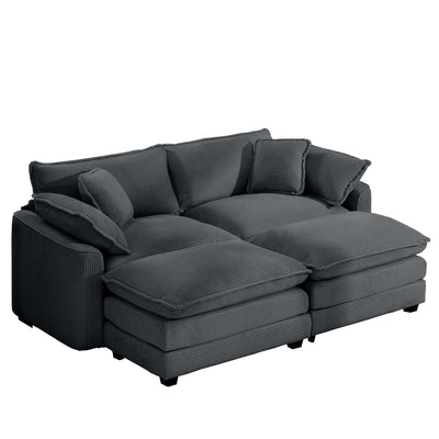 Contemporary Corduroy Two-Seater Sofa with Ottoman, Grey, Ideal for Small Spaces