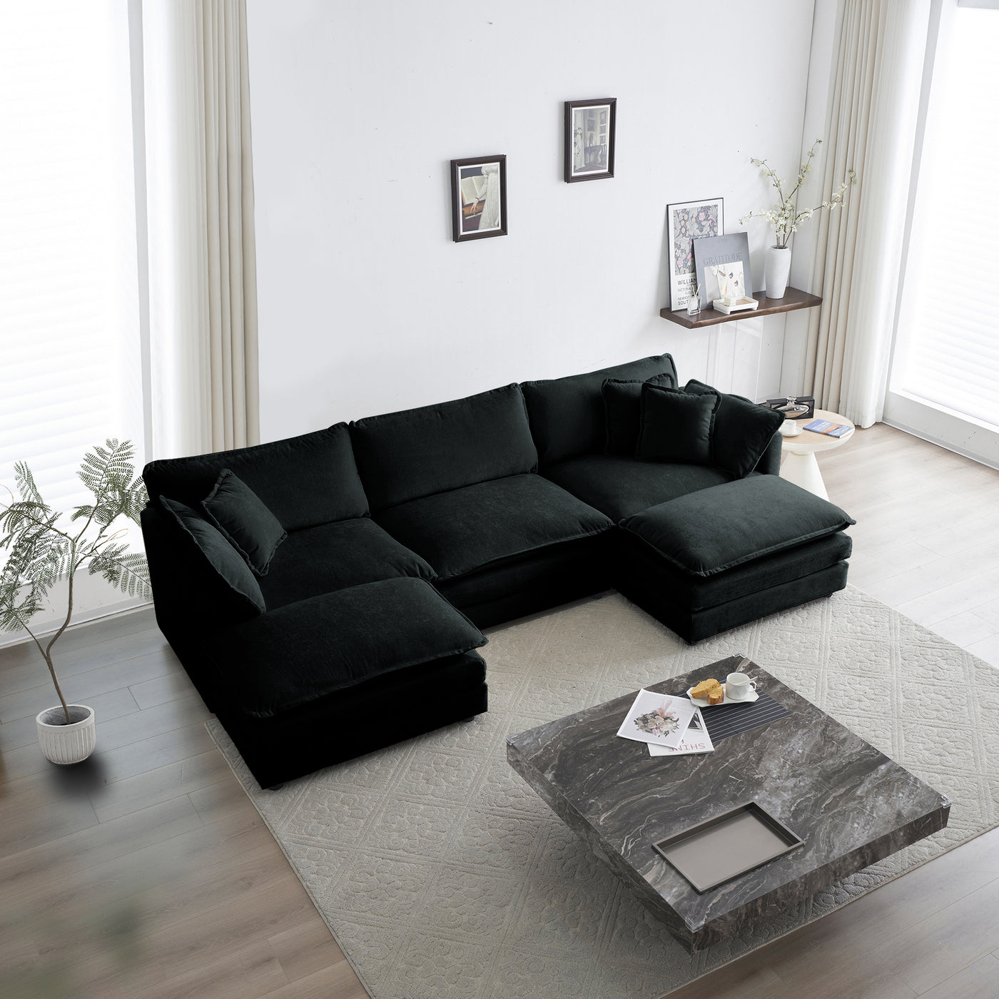 U-Shaped Sectional Sofa w/Reversible Footrest, 5-Seater Convertible Corner Couch with 2 Ottomans ,Modern Minimalist Soft Sofa & Couch for Living Room , Black Chenille
