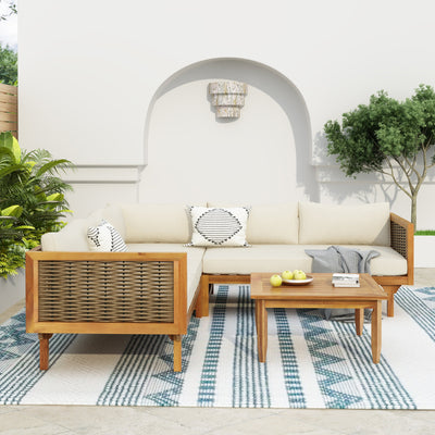 Premium Outdoor Sofa Set with Waterproof Cushions in Beige - Sectional Seating Group with Acacia Wood and Wicker