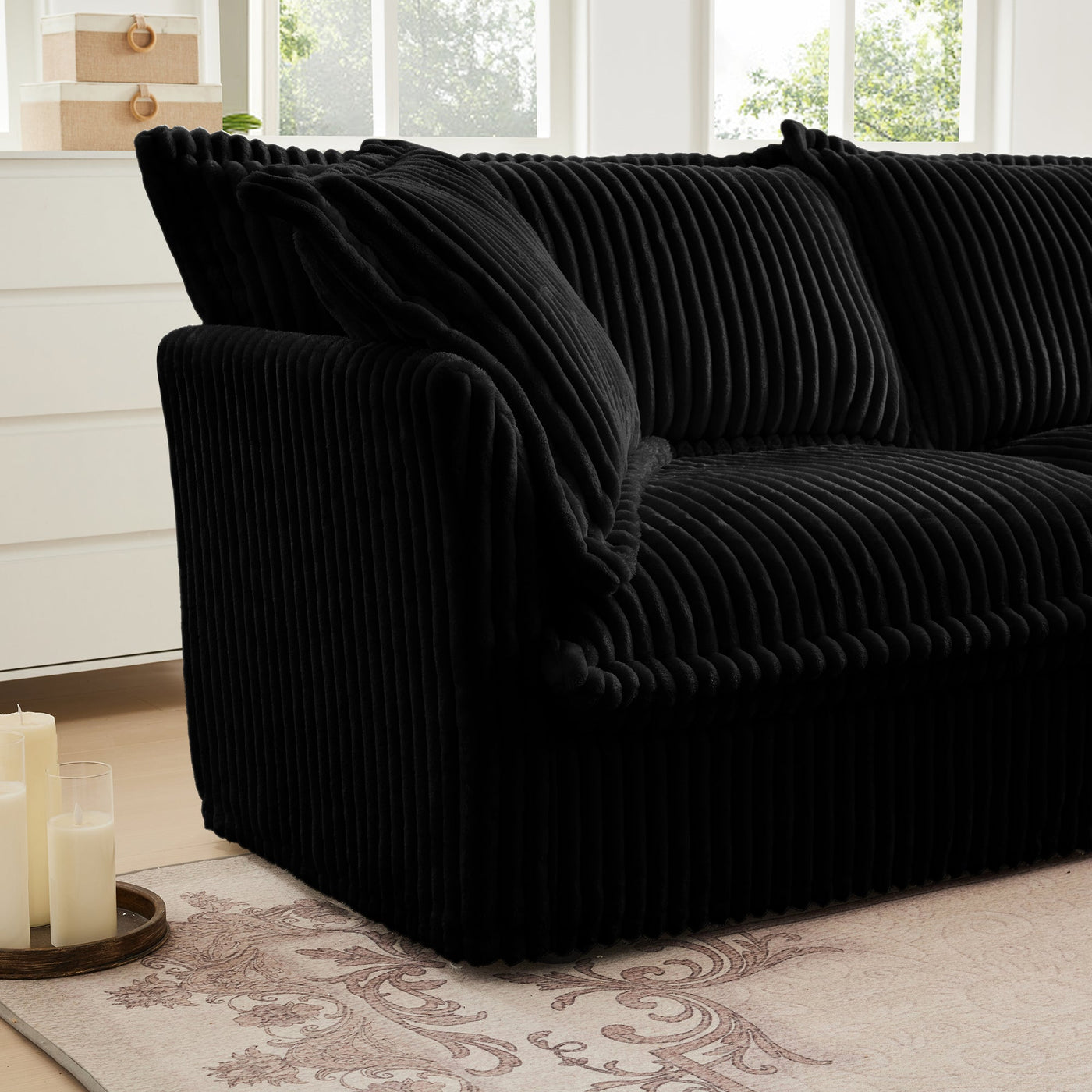 Slipcovered Long Sofa, 4 Seater Sofa with Removable Cover, Extra Deep Couch for Living Room, Corduroy Fabric Cloud Like Comfy Sofa Couch, Black Corduroy Fabric