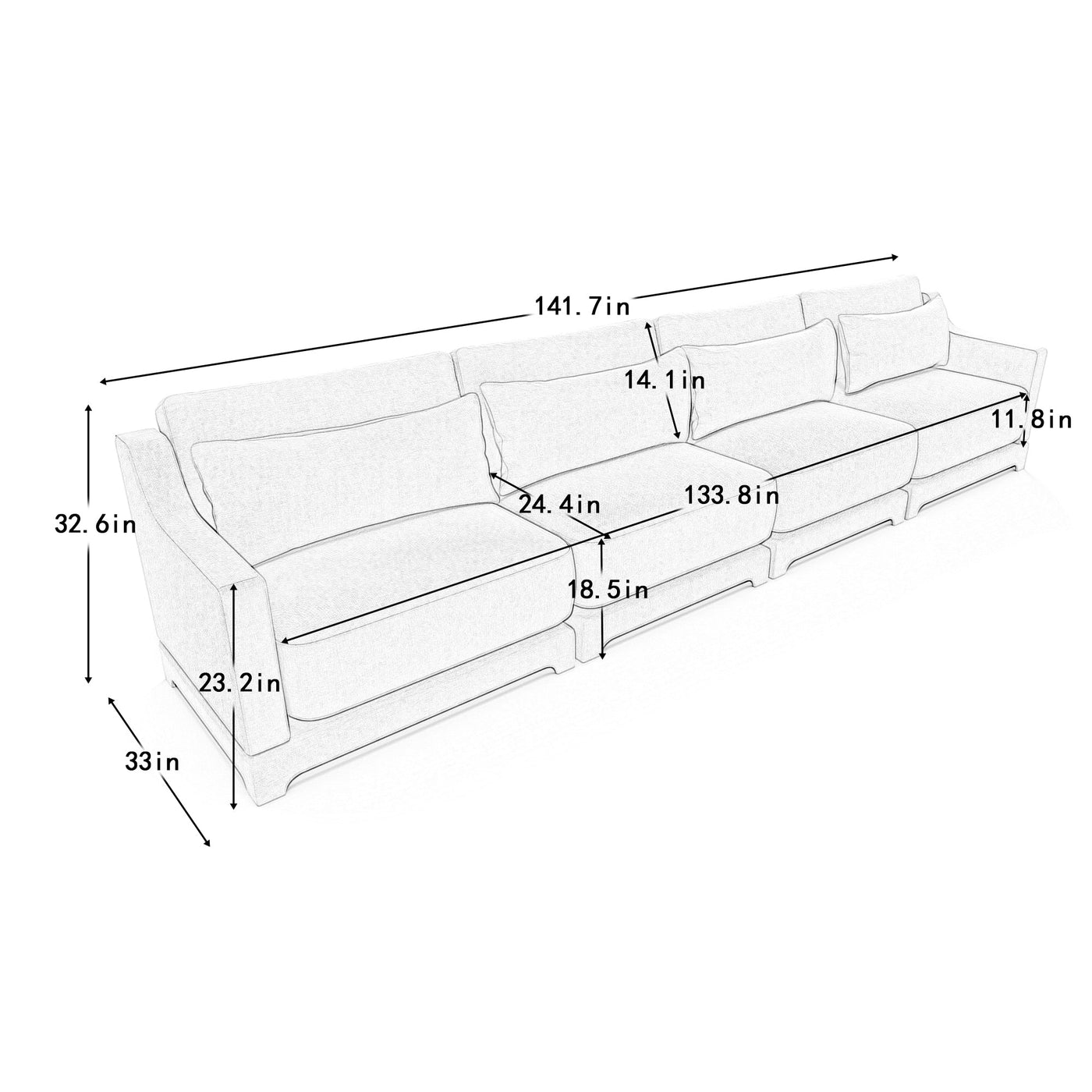 Sky Blue Four-Seater Chenille Sofa with Lumbar Pillow, Ergonomic Design, Solid Wood Frame