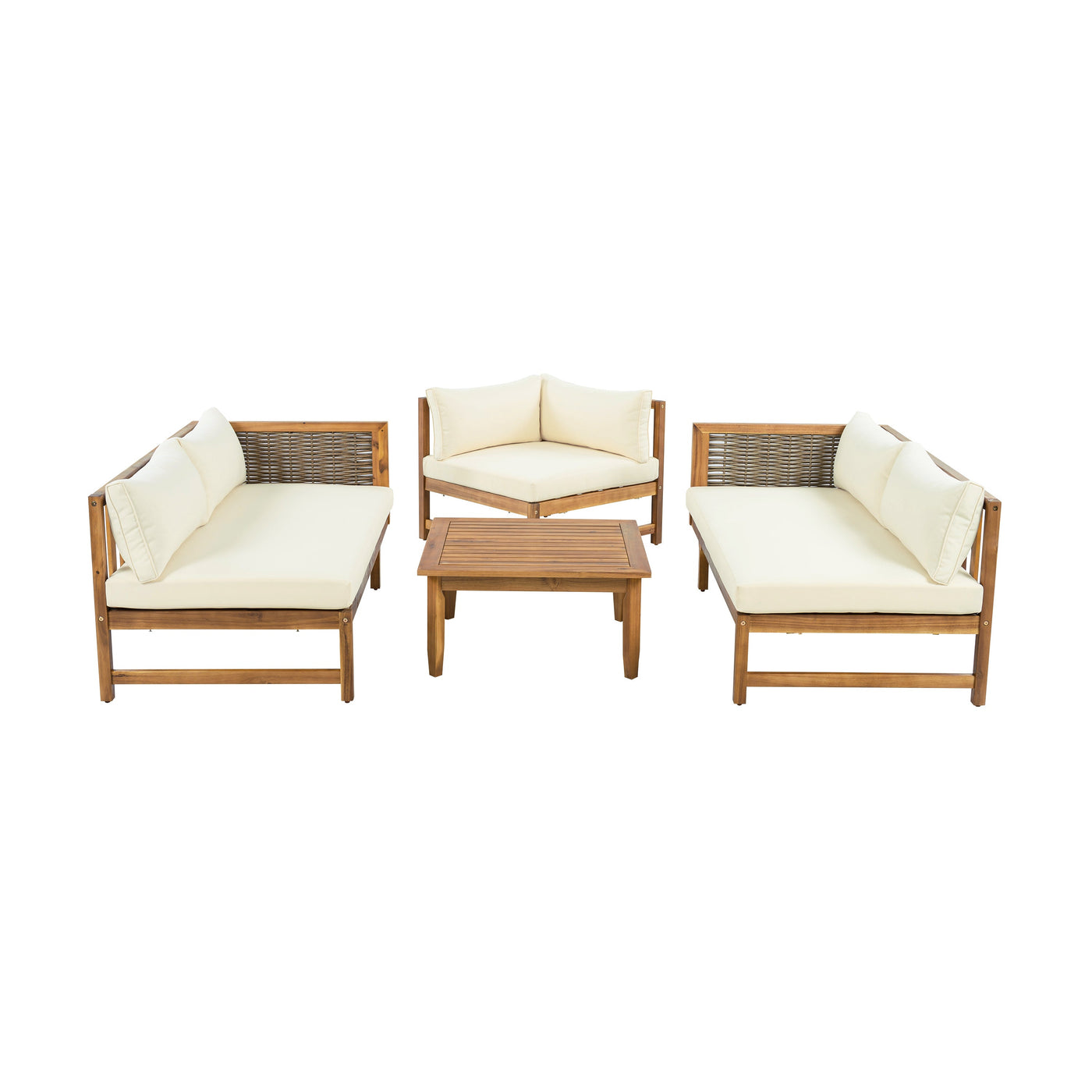 Premium Outdoor Sofa Set with Waterproof Cushions in Beige - Sectional Seating Group with Acacia Wood and Wicker