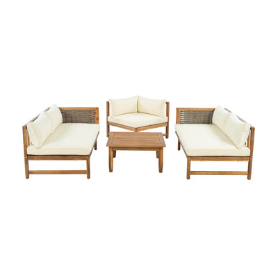 Premium Outdoor Sofa Set with Waterproof Cushions in Beige - Sectional Seating Group with Acacia Wood and Wicker