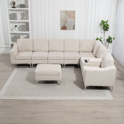 Convertible Sectional Corduroy  Sofa with Storage Ottoman,Cupholders, USB Ports for Living Room Apartment,Beige