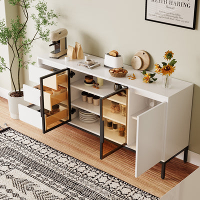 Buffet cabinet with storage, kitchen side panel storage room with doors and 3 drawers, pantry cabinet display rack, console, dining table manager furniture, living room dining room white