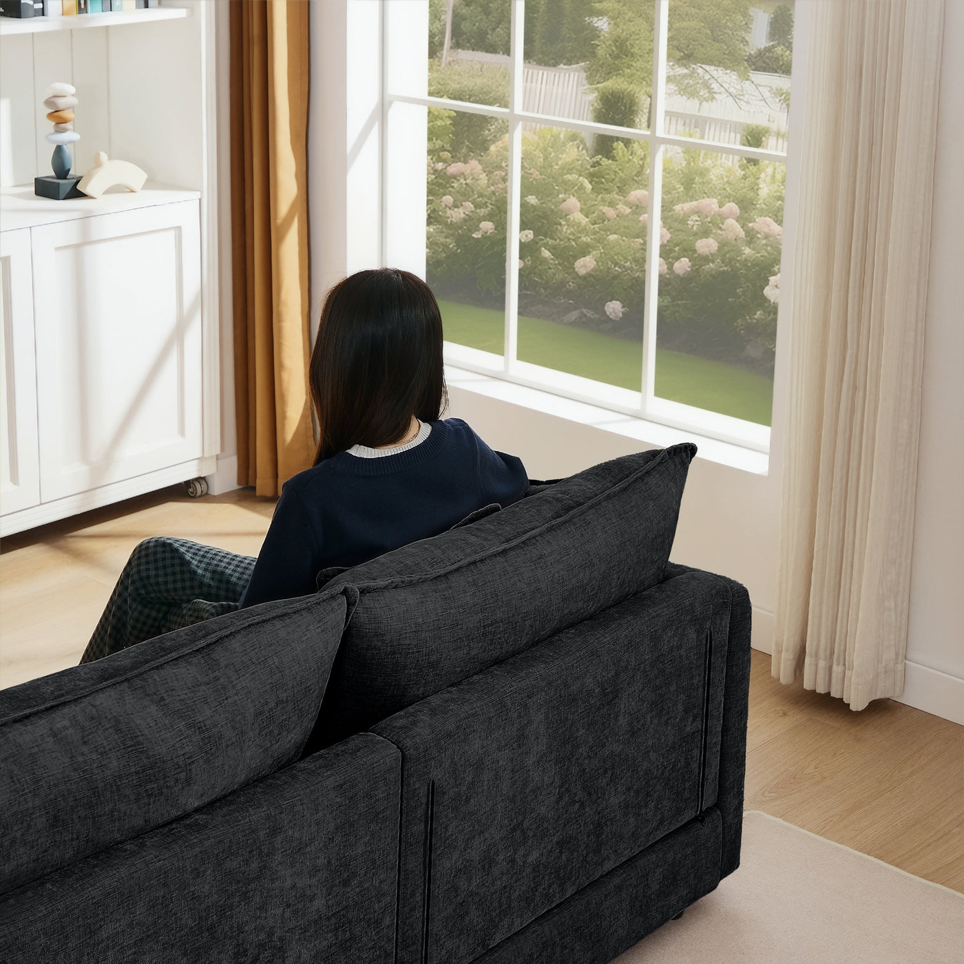 Modular Sectional Sofa, 105 Inch L Shaped Couch Set, Comfy Cloud Couches with Movable Ottoman, Black Chenille