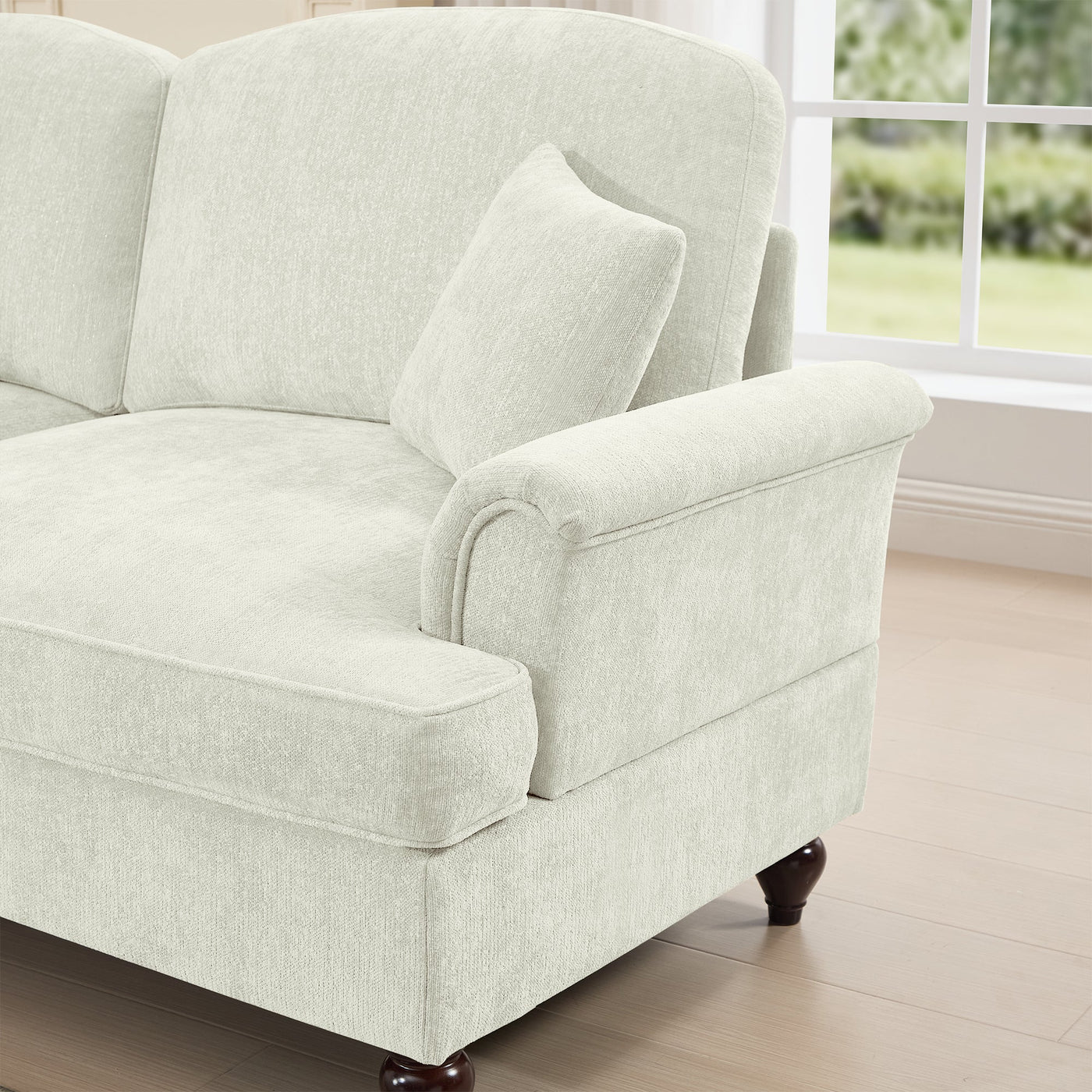 Classic U Shape 4 Seater Modular Sectional Sofa Couch with Flared Arms and Removable Ruffles Pleats Skirts and Spindle Legs, Chenille Deep Seat Cloud Sofa with Movable Ottomans, Beige White