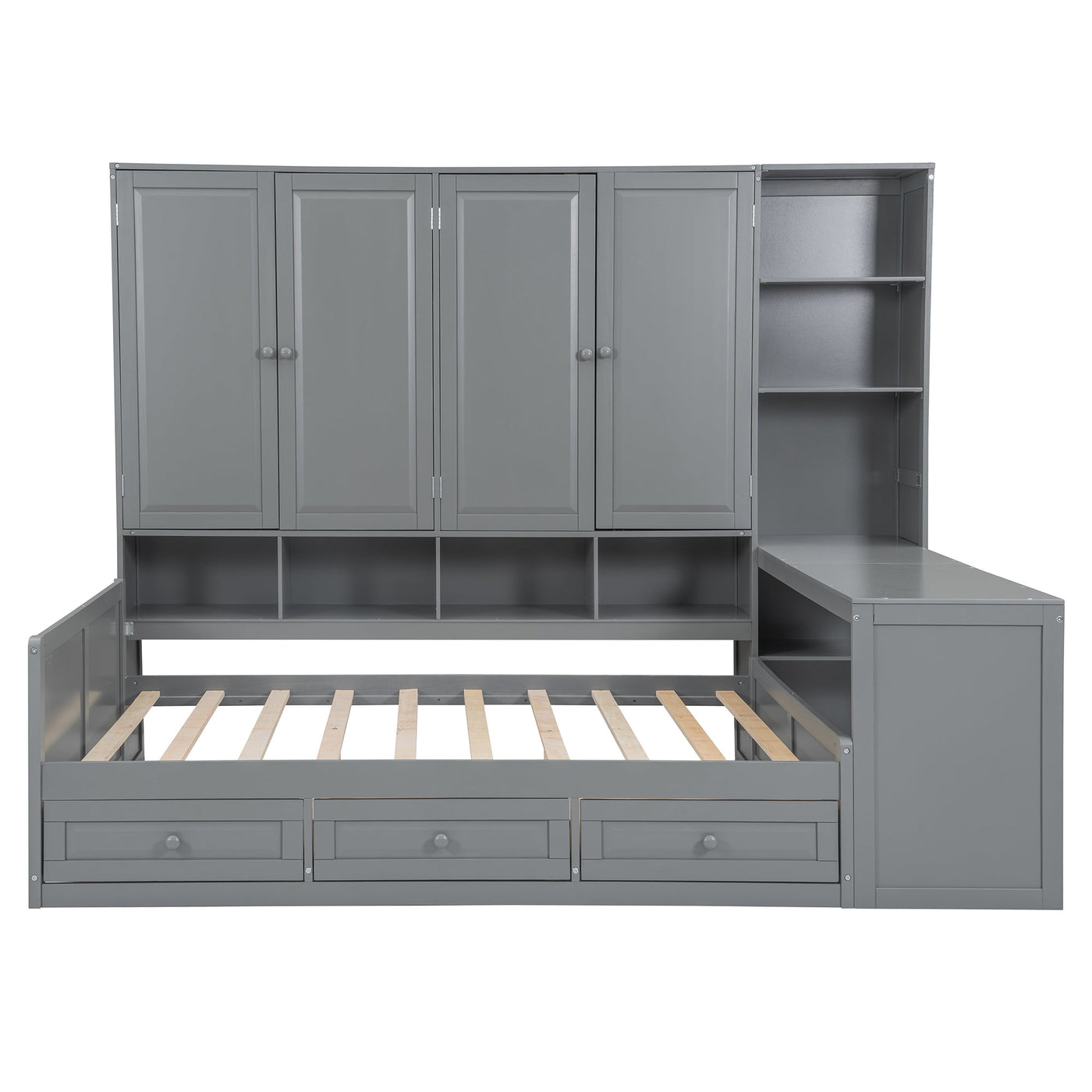 Full Size Wooden Daybed With Three Drawers, and All-in-One Cabinet, Desk and Shelves, Gray