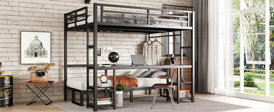 Queen Over Twin XL Metal Bunk Bed/Loft Bed with Desk and Shelves, Multiple Uses Folds into Sofa with LED and USB, Black