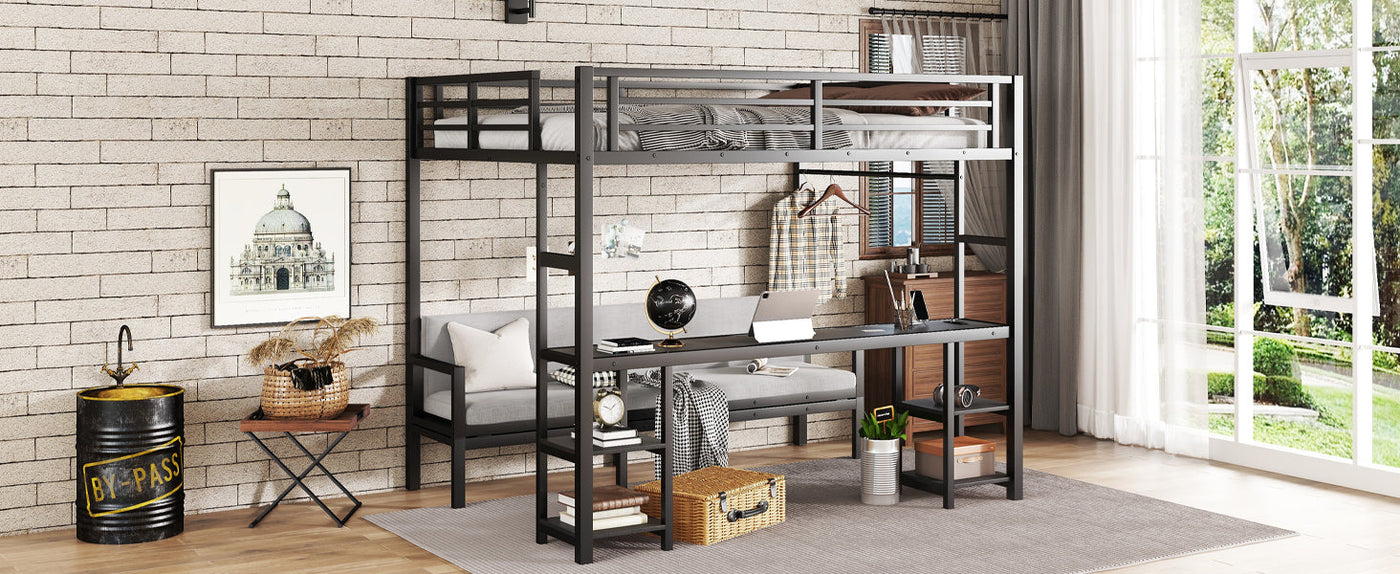 Queen Over Twin XL Metal Bunk Bed/Loft Bed with Desk and Shelves, Multiple Uses Folds into Sofa with LED and USB, Black