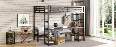 Queen Over Twin XL Metal Bunk Bed/Loft Bed with Desk and Shelves, Multiple Uses Folds into Sofa with LED and USB, Black