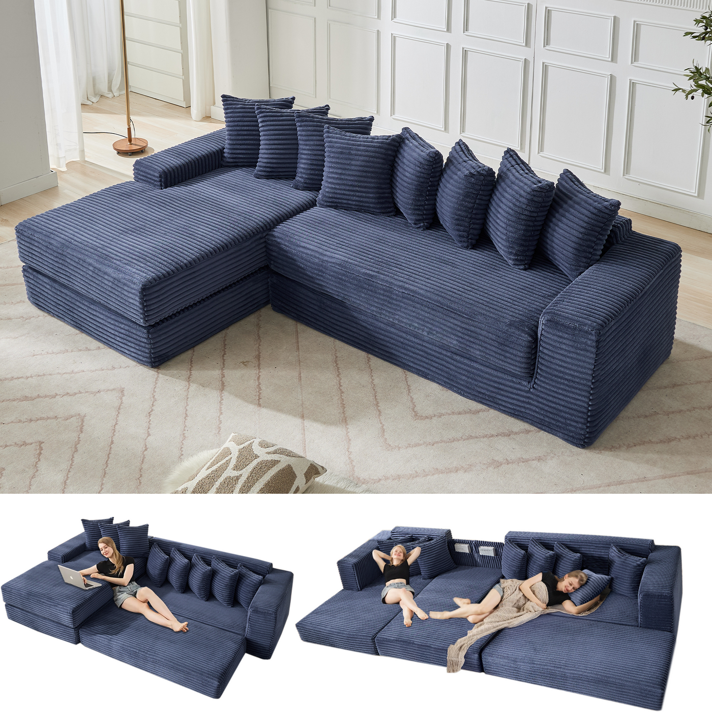 [NEW ARRIVED] [VIDEO PROVIDED]   Oversize Cloud Couch, L-Shape Sofa, Convertible Floor Sleeper Sofa Bed,  No Assembly ,Eight  pillows,3-in-1,Side Pocket,(Left Facing Sofa),3 Seat,Corduroy,Blue