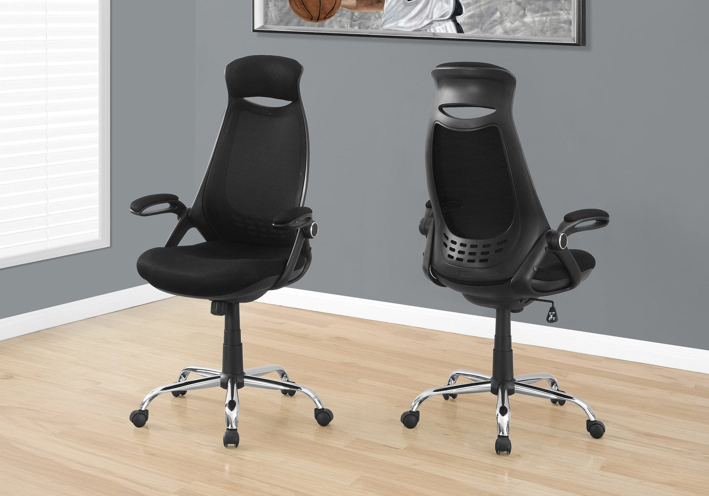 Office Chair, Adjustable Height, Swivel, Ergonomic, Armrests, Computer Desk, Work, Black Mesh, Chrome Metal, Contemporary, Modern