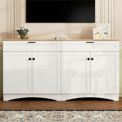 ON-TREND Farmhouse TV Stand with 2 Drawers for TVs Up to 70', Versatile Wood Grain Sideboard with Adjustable Shelves, Mid-Century Buffet Cabinet with Rustic Handles for Living Room/Bedroom, White