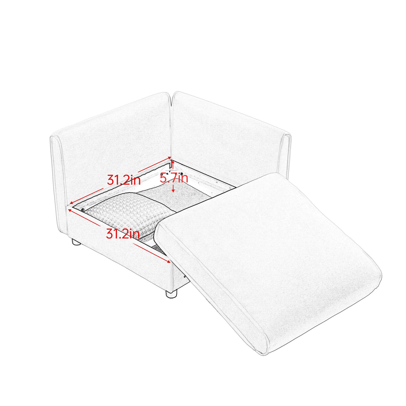 Stylish Modern Fabric 2-Seater Sofa with Ottoman Storage, White Chenille, Cylindrical Backrest and Armrests