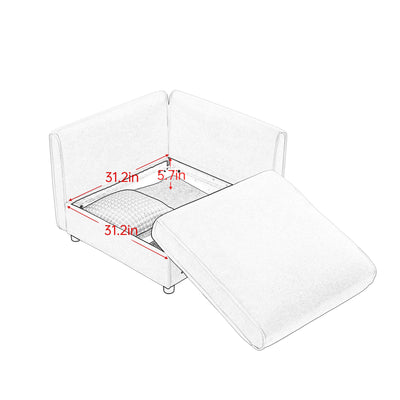 Stylish Modern Fabric 2-Seater Sofa with Ottoman Storage, White Chenille, Cylindrical Backrest and Armrests