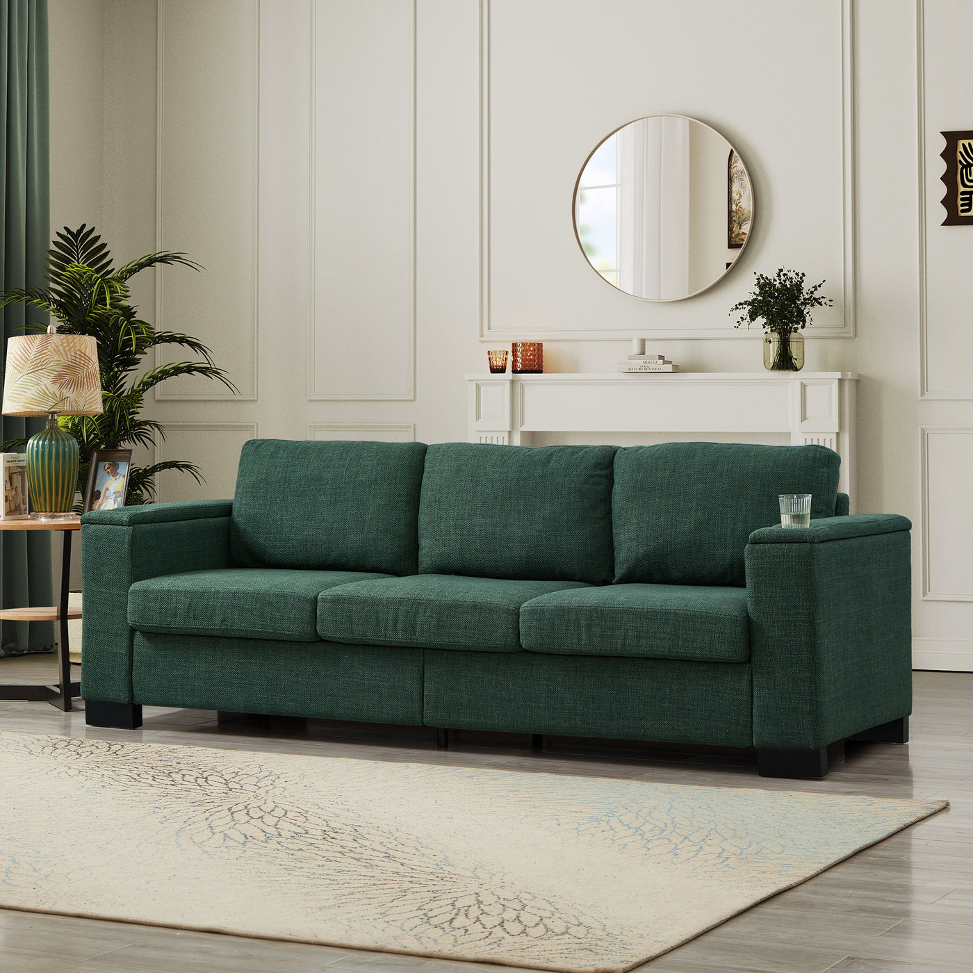 93.7' Modern Style Living Room Sofa Fabric Couch,Square Arm Sofa with Cup Holder,Storage Sofa,Upholstered Polyester Green.