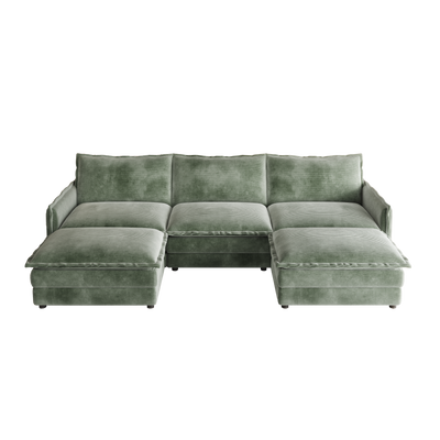 Corduroy Fabric 3-Seater Comfy Cloud Couch with 2 Movable Footrest for Living Room,Oversized Deep Seat U Shaped Couch Set, Upholstered Large Size Deep Seat 2-Seat Sofa with 3 cushions
