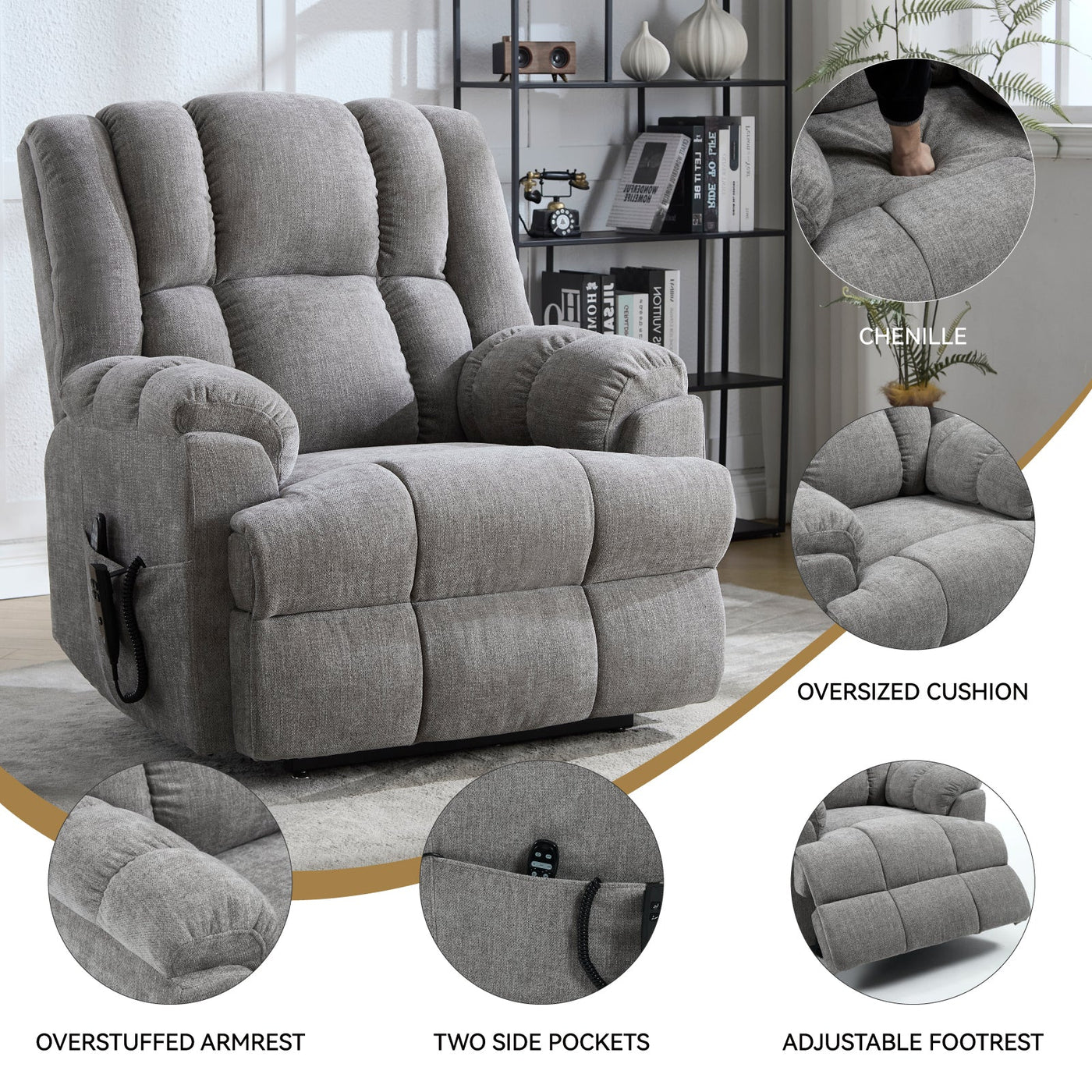 Dual Motor Heat Massage Infinite Position Up to 350 LBS Electric Power Lift Recliners with Power-Remote, Medium-firm and Heavy Duty, Light Grey