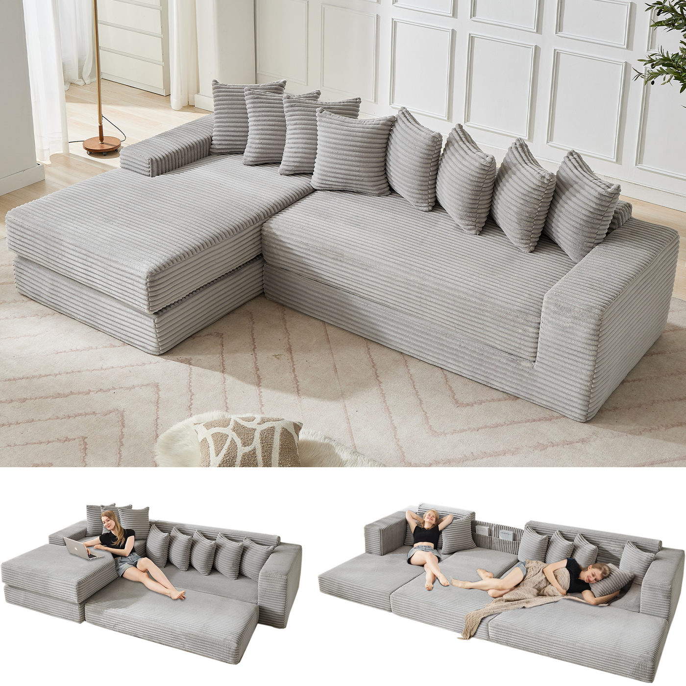 [NEW ARRIVED] [VIDEO PROVIDED]   Oversize Cloud Couch, L-Shape Sofa, Convertible Floor Sleeper Sofa Bed,  No Assembly ,Eight pillows,3-in-1,Side Pocket,(Left Facing Sofa),3 Seat,Corduroy,Light Gray