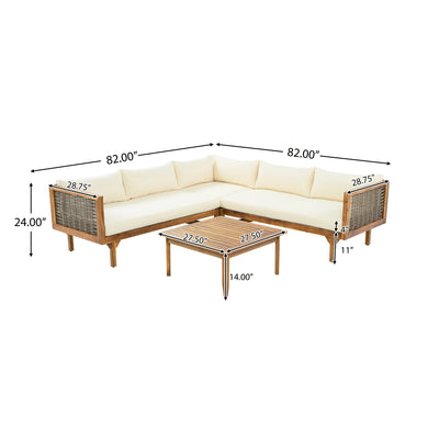 Premium Outdoor Sofa Set with Waterproof Cushions in Beige - Sectional Seating Group with Acacia Wood and Wicker