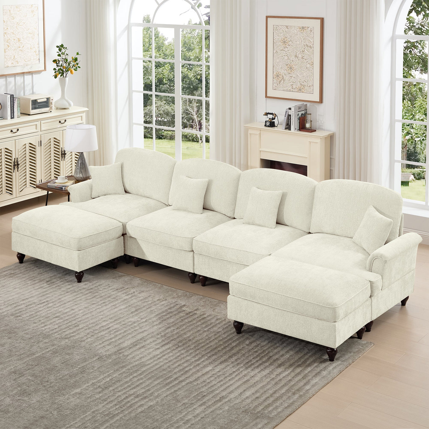 Classic U Shape 4 Seater Modular Sectional Sofa Couch with Flared Arms and Removable Ruffles Pleats Skirts and Spindle Legs, Chenille Deep Seat Cloud Sofa with Movable Ottomans, Beige White