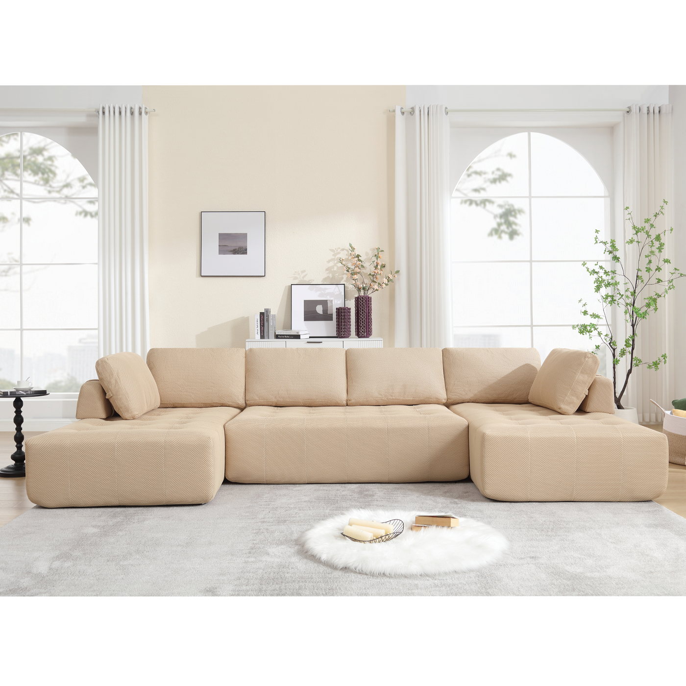 [NEW ARRIVED] [VIDEO PROVIDED]138.5 'Modular Combination Sofa, U-shaped Sofa, Living Room, Apartment, Upholstered ,6-seat Sofa, Free Combination Sofa (Mesh Fabric), Breathable Fabric, Khaki
