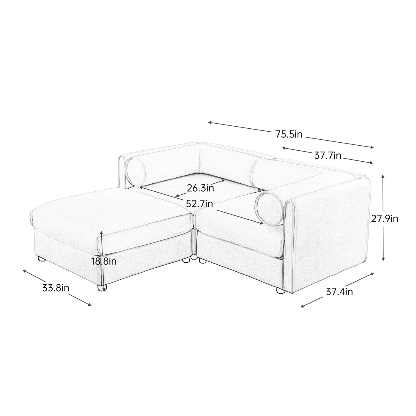 Stylish Modern Fabric 2-Seater Sofa with Ottoman Storage, White Chenille, Cylindrical Backrest and Armrests