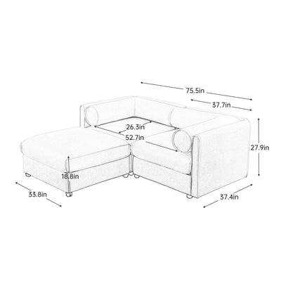 Stylish Modern Fabric 2-Seater Sofa with Ottoman Storage, White Chenille, Cylindrical Backrest and Armrests