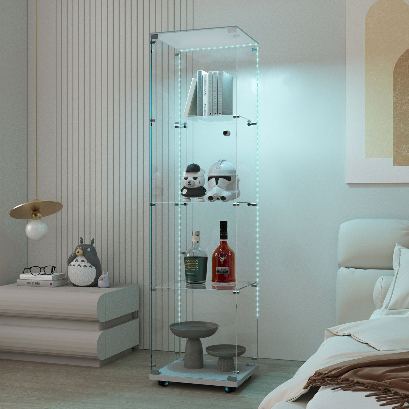 Tempered Glass Display Cabinet,Wine Cabinet, Storage Cabinet,File Cabinet, Tempered Glass Top,Bluetooth LED Light Strip,with Door Lock,suitable for Living Room, Bedroom,Hallway,Office,color:white