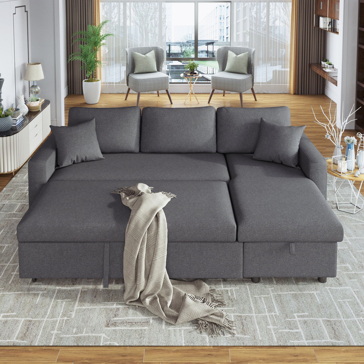 U_STYLE 87.44' Upholstery Sleeper Sectional Sofa Grey with Storage Space, 2 Tossing Cushions