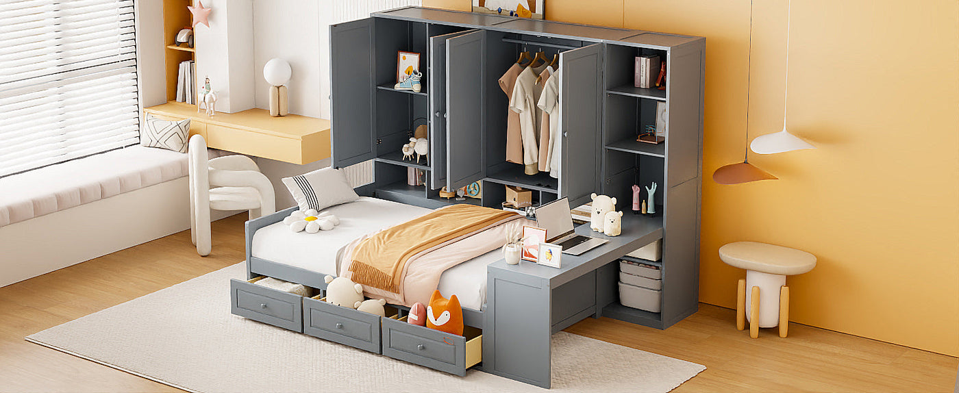 Full Size Wooden Daybed With Three Drawers, and All-in-One Cabinet, Desk and Shelves, Gray