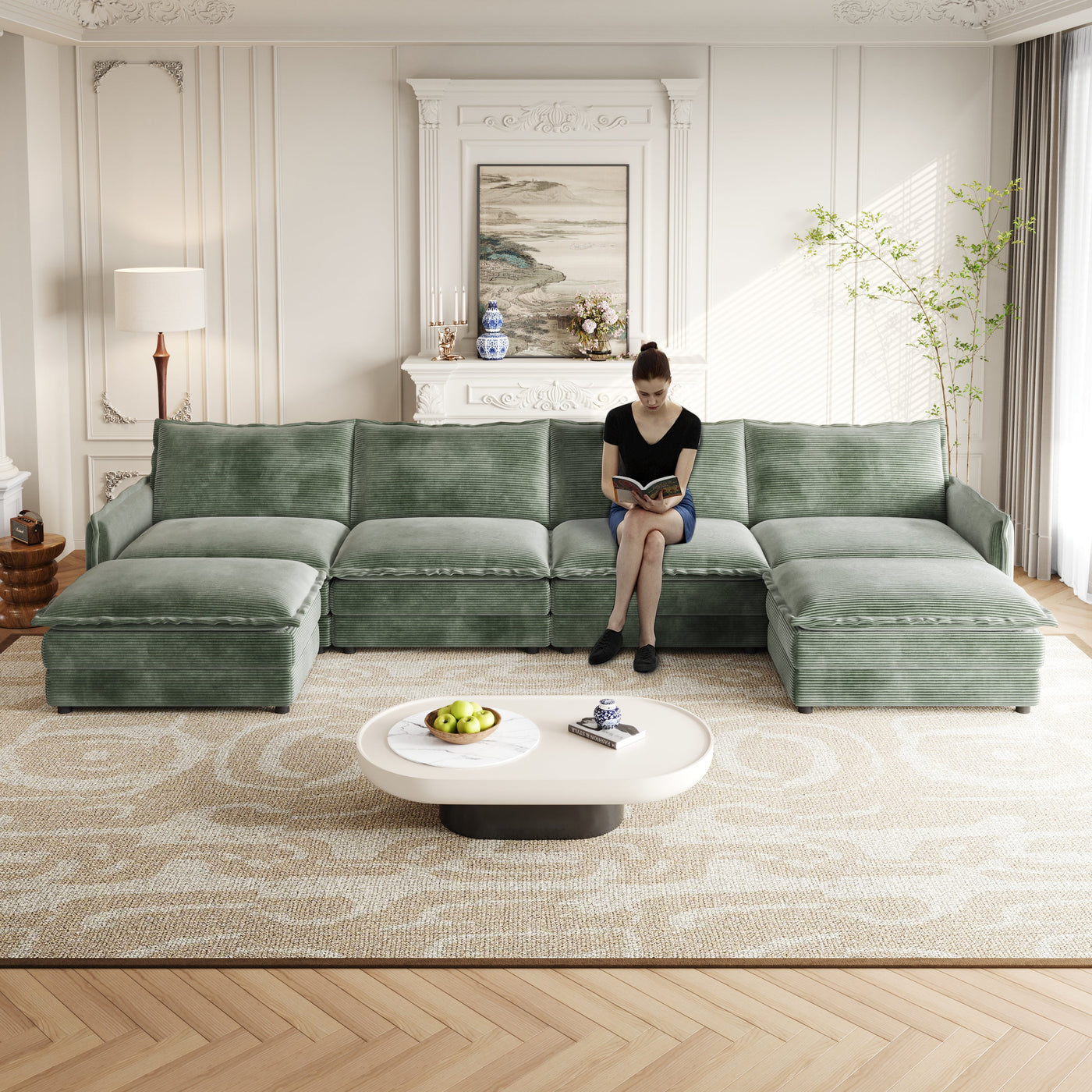 Corduroy Fabric 4-Seater Comfy Cloud Couch with 2 Movable Footrest for Living Room,Oversized Deep Seat U-Shaped Couch Set, Upholstered Large Size Deep Seat Sofa with 4 cushions