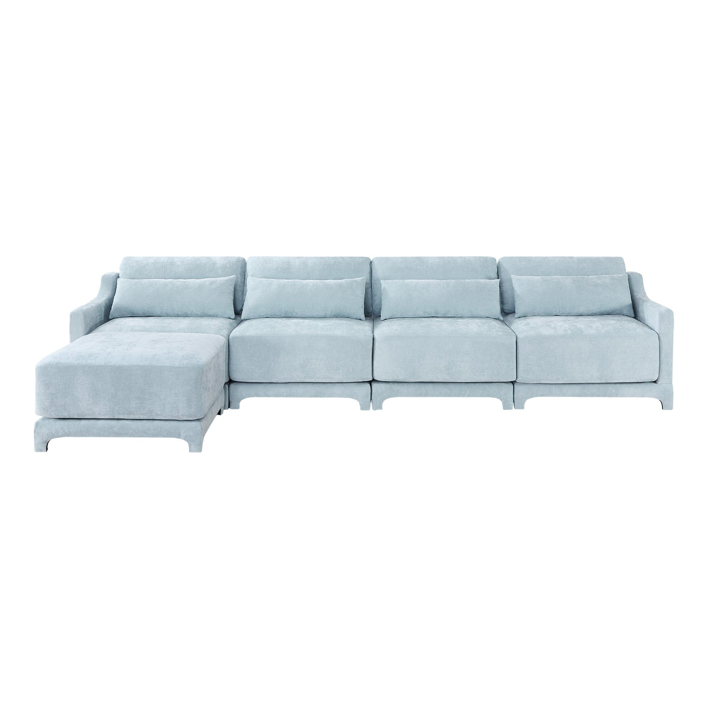 Stylish Four-Seater Sofa with Movable Ottoman in Sky Blue Chenille Fabric with Ergonomic Design
