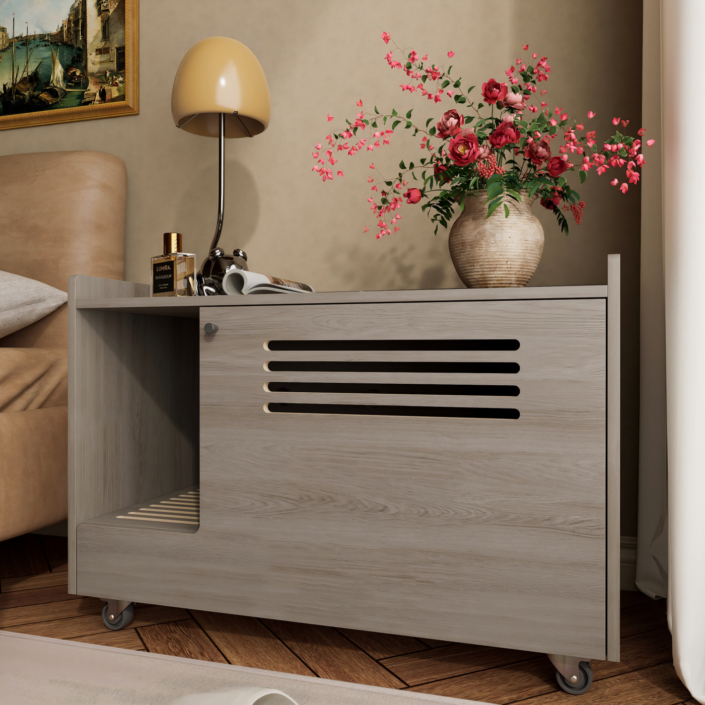 Gray Cat Litter Box Enclosure,Hidden Litter Box Furniture with top side fence,Wooden Pet House Side End Table, Storage Cabinet Bench for Living Room,,Bedroom, Fit Most of Litter Box