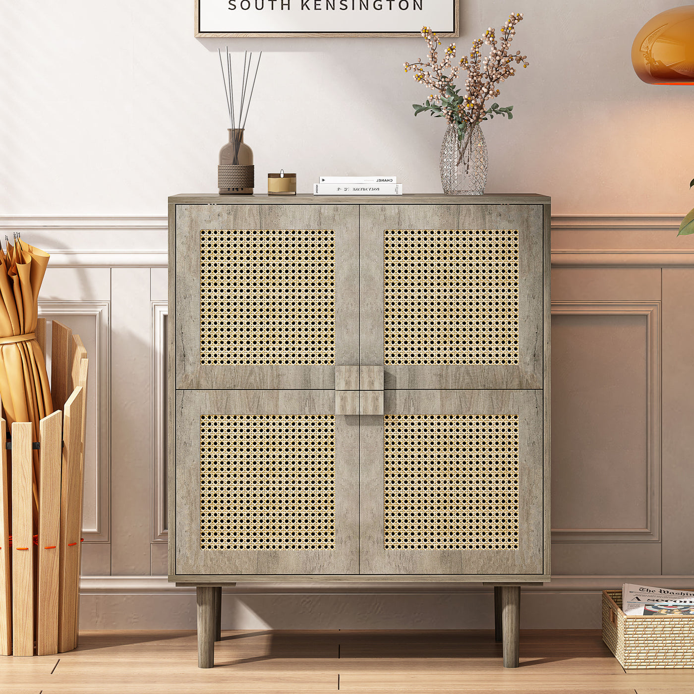 4-Doors Rattan Mesh Storage Cabinet, Sideboard with Eight Storage Spaces, for Entryway, Living Room, Hallway (Grey with Woodgrain)
