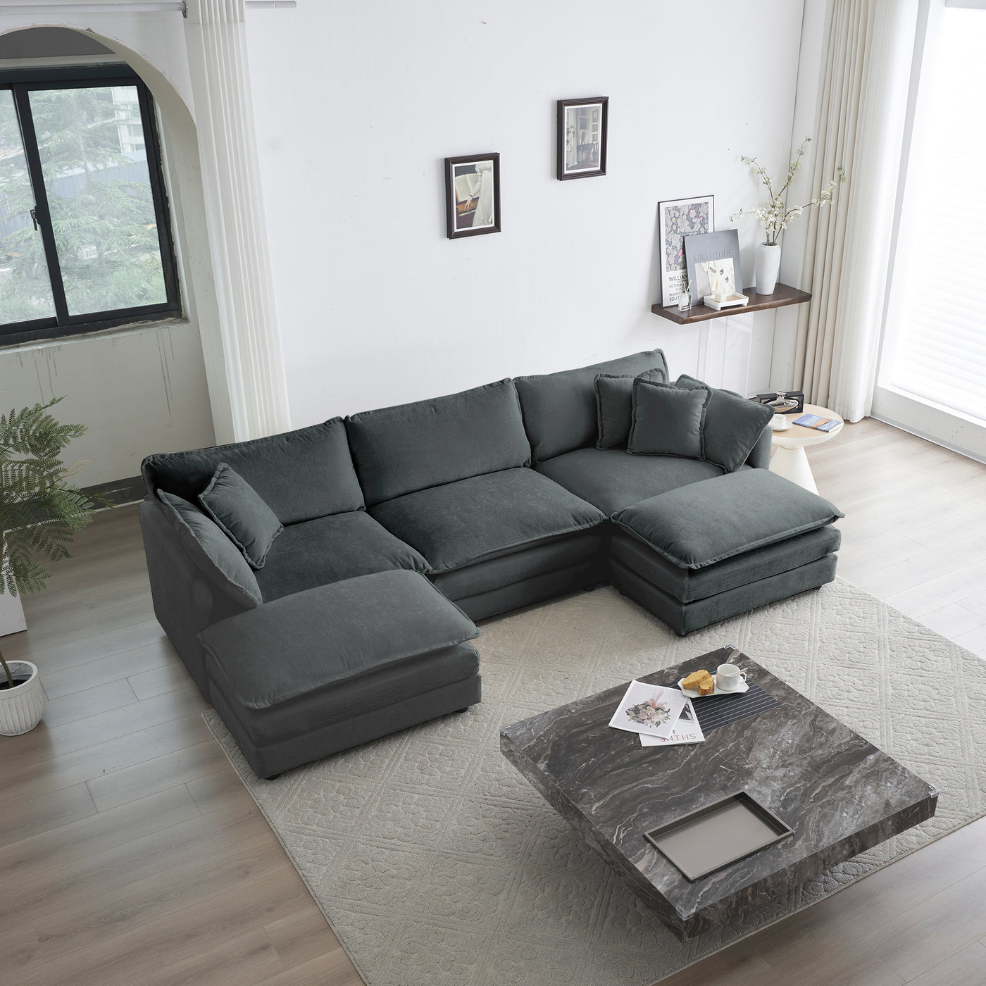 U-Shaped Sectional Sofa w/Reversible Footrest, 5-Seater Convertible Corner Couch with 2 Ottomans ,Modern Minimalist Soft Sofa & Couch for Living Room ,Gray Chenille