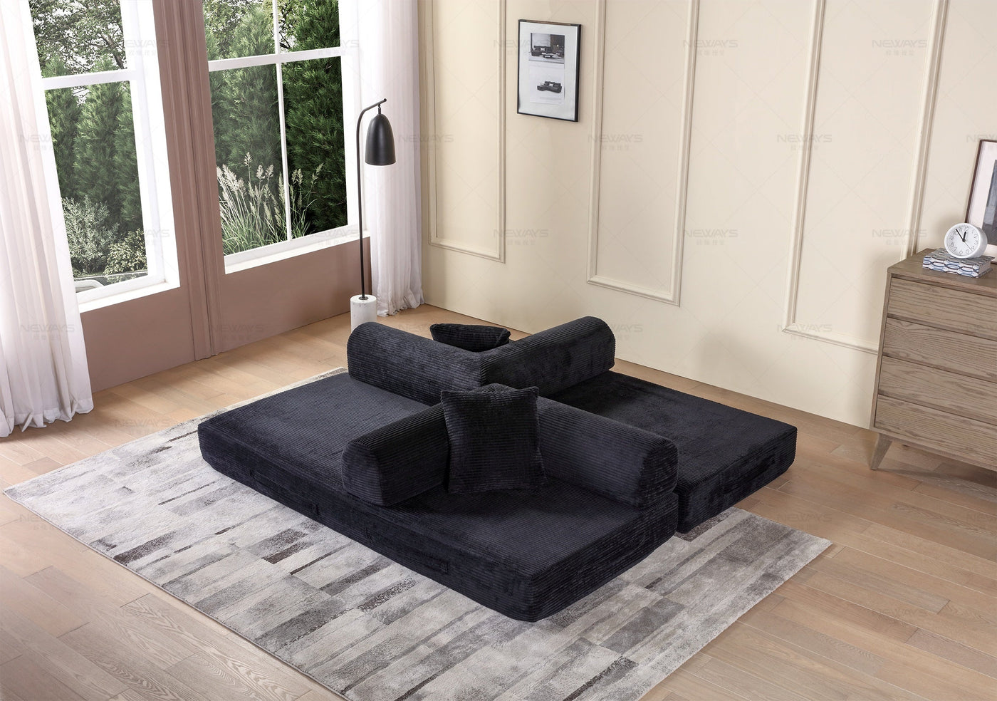Convertible Sleeper Sofa Bed with Cylindrical Pillow - Corduroy Folding Mattress Couch with Fixed-Shape Frame for Living Room, Bedroom, Lounge, Studio - Black