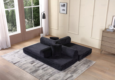 Convertible Sleeper Sofa Bed with Cylindrical Pillow - Corduroy Folding Mattress Couch with Fixed-Shape Frame for Living Room, Bedroom, Lounge, Studio - Black