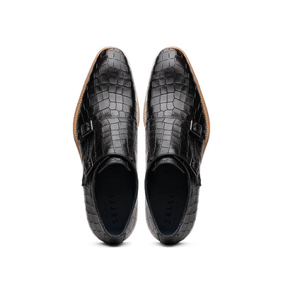 55-112-BLK LEGERRA Hand Burnished Crocodile Print Monkstrap Black