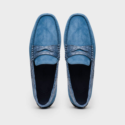 31-160-DNM MONZA Sueded Calfskin with Crocodile Driver Denim