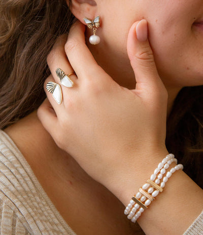 White Mother of Pearl Golden Butterflies Post Drop Earrings
